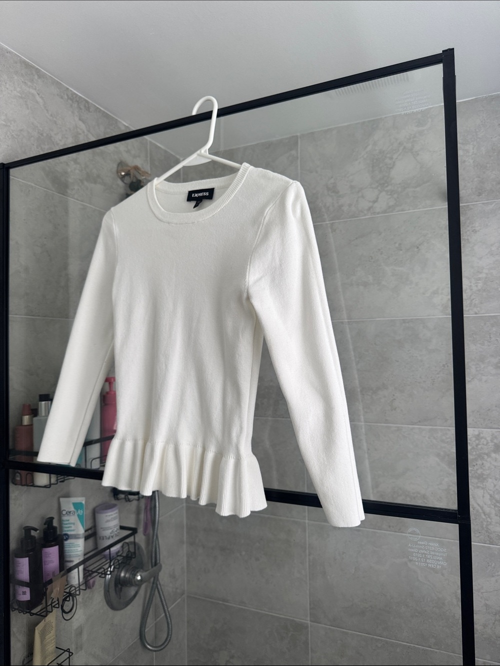 Express Cream Long-Sleeve Peplum Knit Top